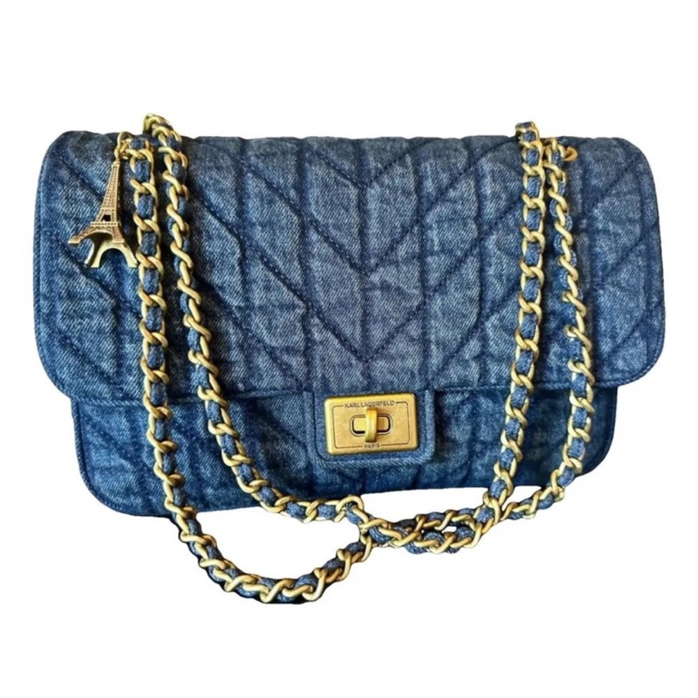 Karl Lagerfeld Blue Denim Shoulder Bag with Gold Accents